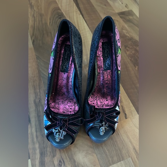 Iron Fist Black and Pink Floral Heels - Picture 2 of 8